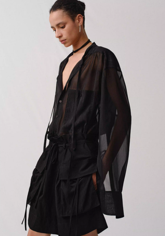 Snow Ribbon – Tie-Neck Chiffon Shirt Jacket