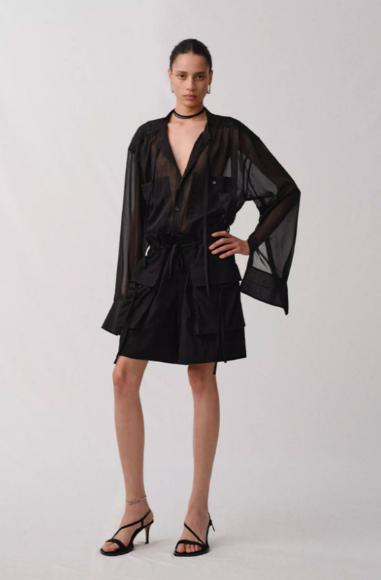 Snow Ribbon – Tie-Neck Chiffon Shirt Jacket