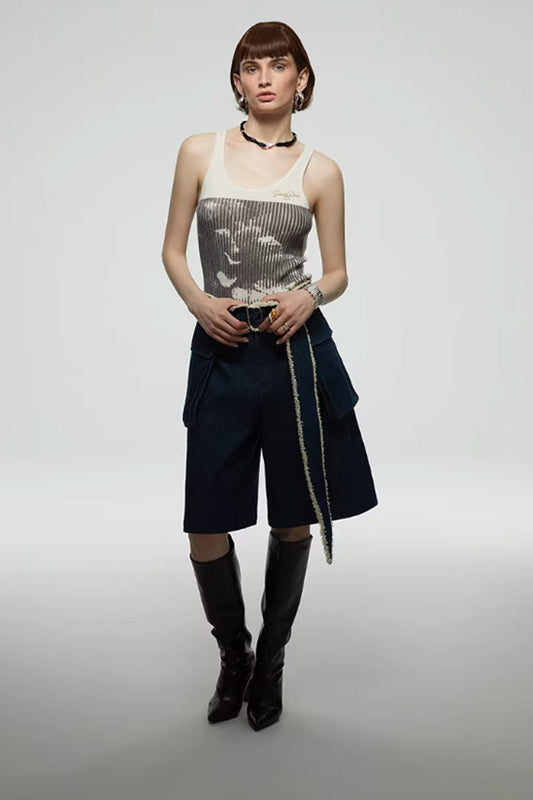 Azure Fringe – Belted Denim Culotte Shorts