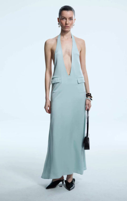 Blue Siren – Halter Deep-V Maxi Dress