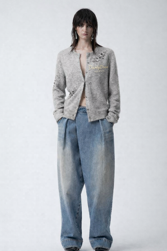 Pearl Ember – Beaded Shoulder Wool Cardigan